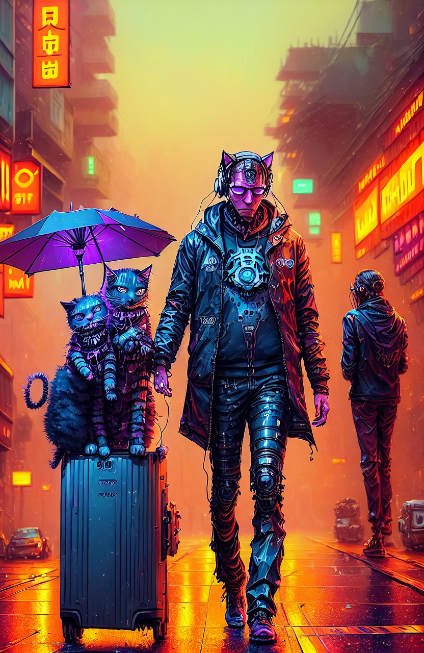 [style-Psycho::30] award winning photo of a cat in a wet city street, dark, menacing, grim, neon lamps, moon, night
